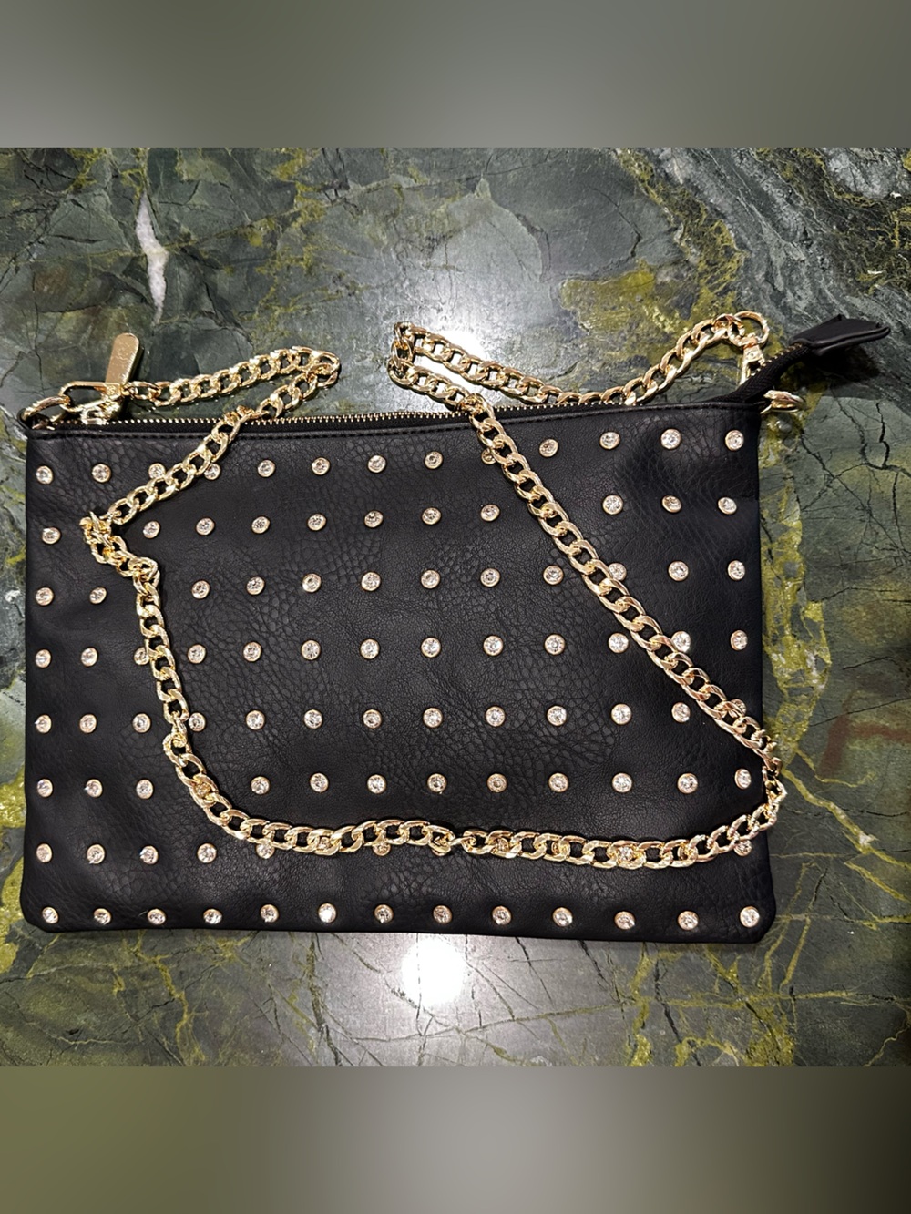 Charming Charlie Black Studded Clutch with Gold-Tone Rhinestones gold tone chain